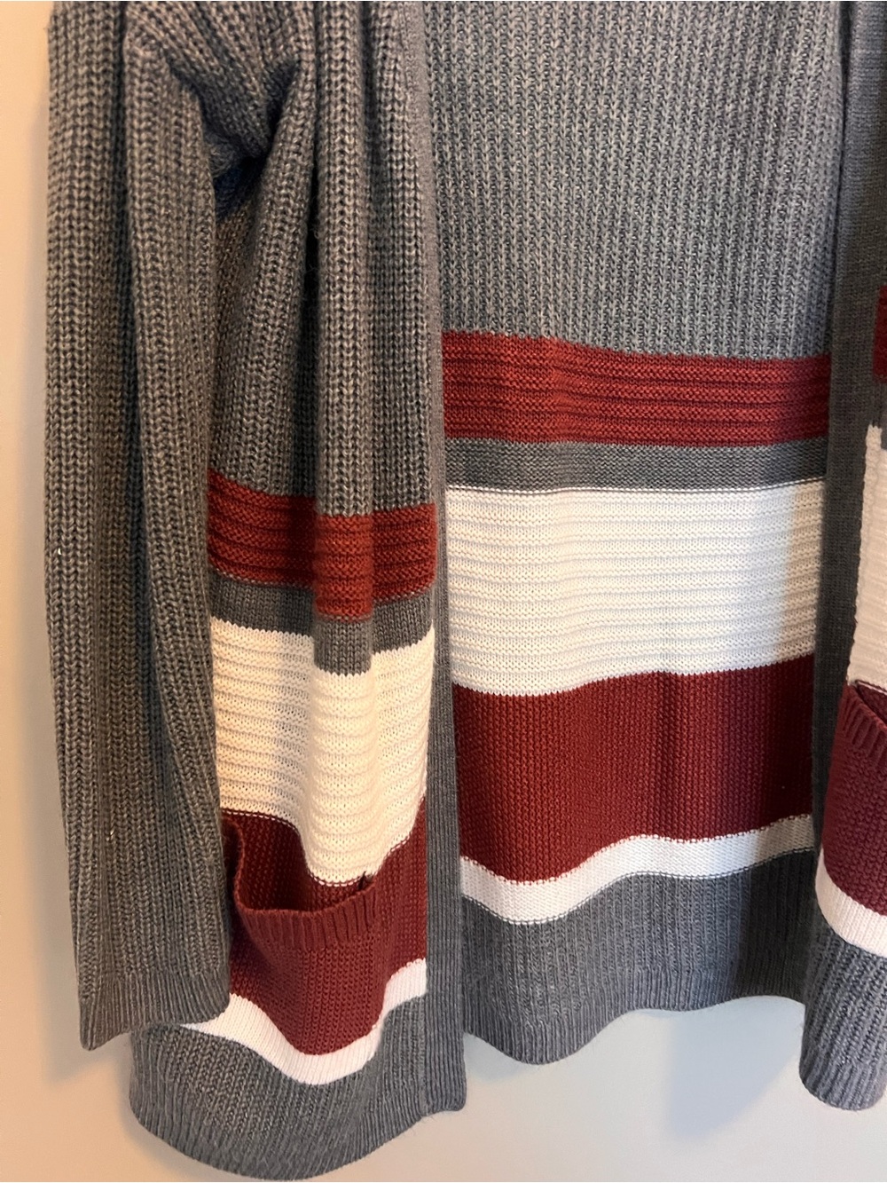 Bose Gray Cardigan with Burgundy and Cream Stripes - Picture 2 of 4
